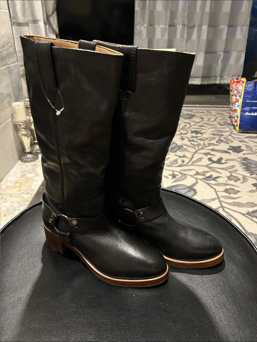 Frye Black Leather Mid-Calf Harness Boots